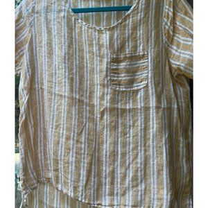 Tahari linen shirt short sleeve stripe light mustard yellow stripe small